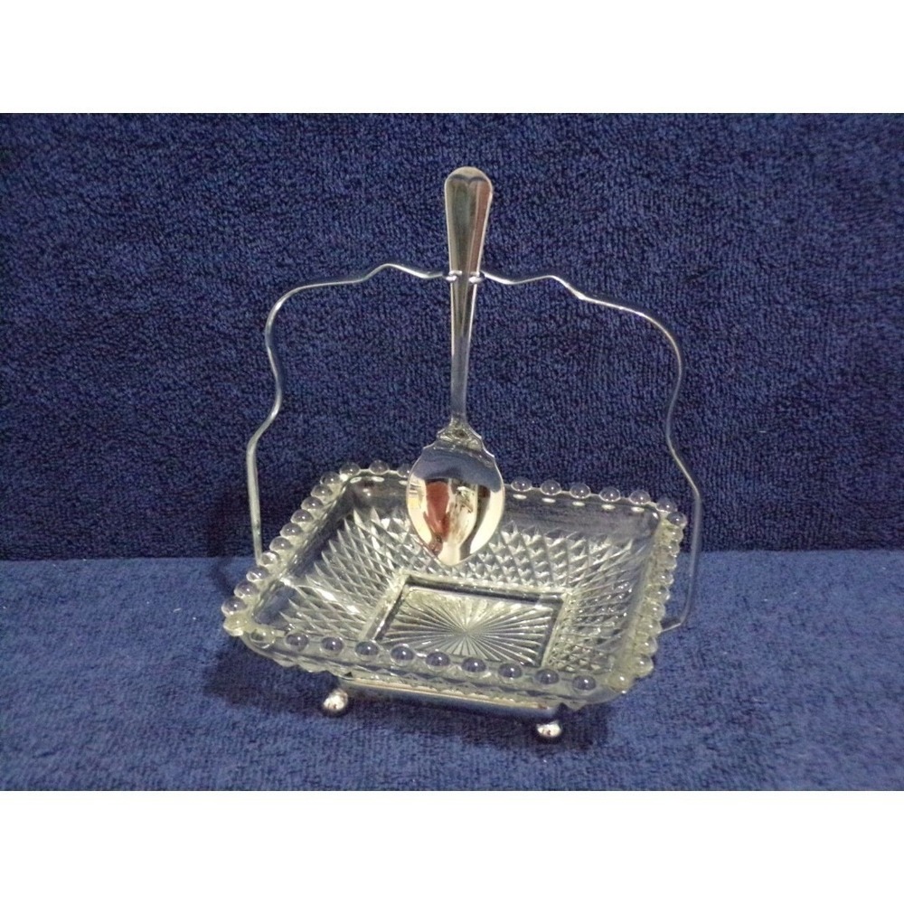 Vintage 3 Piece Square‎ Diamond Glass Jelly Relish Dish Hanging Metal Spoon Rack